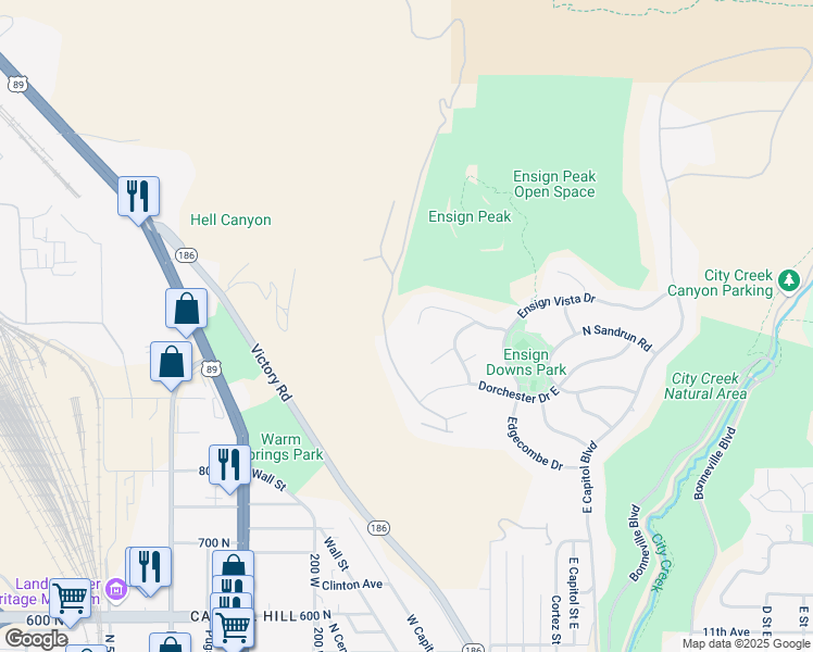 map of restaurants, bars, coffee shops, grocery stores, and more near 973 North Churchill Drive in Salt Lake City