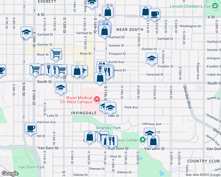 map of restaurants, bars, coffee shops, grocery stores, and more near 1730 Ryons Street in Lincoln