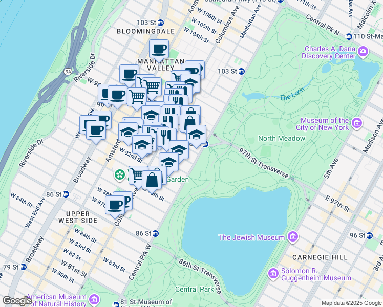 map of restaurants, bars, coffee shops, grocery stores, and more near 6 West 95th Street in New York