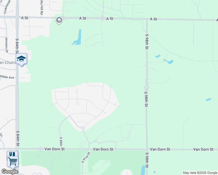 map of restaurants, bars, coffee shops, grocery stores, and more near 2021 South 98th Street in Lincoln