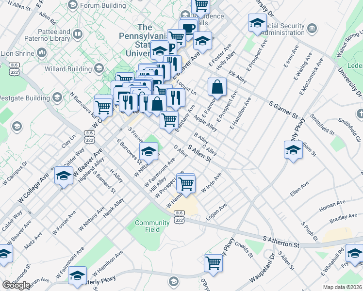 map of restaurants, bars, coffee shops, grocery stores, and more near 426 South Allen Street in State College