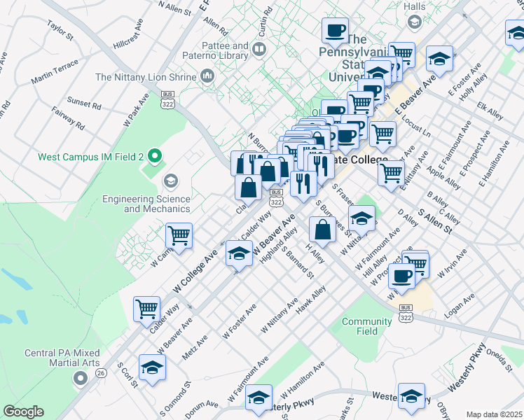 map of restaurants, bars, coffee shops, grocery stores, and more near 428 West College Avenue in State College