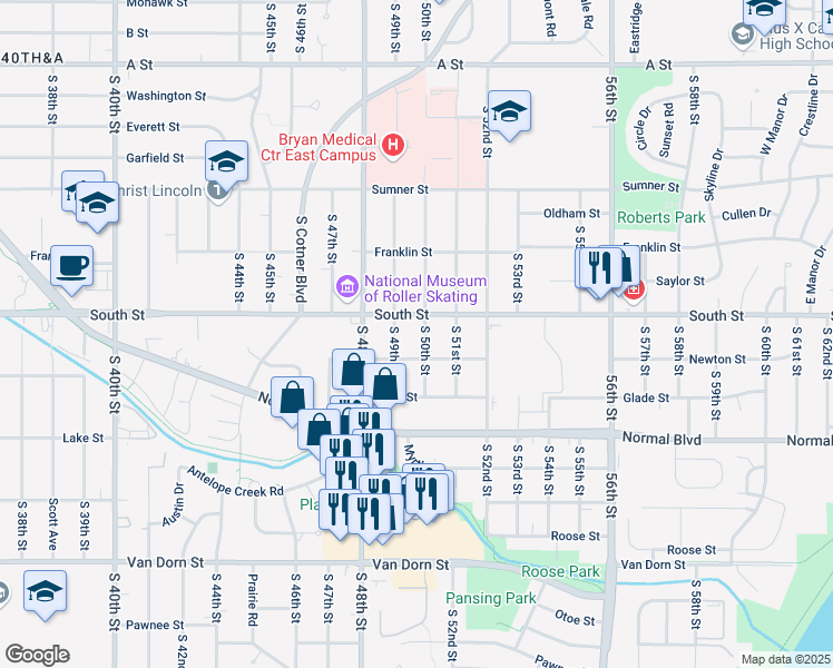 map of restaurants, bars, coffee shops, grocery stores, and more near 2126 South 50th Street in Lincoln