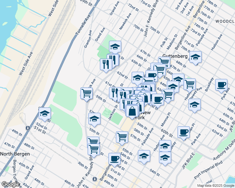 map of restaurants, bars, coffee shops, grocery stores, and more near 6016 Adams Street in West New York