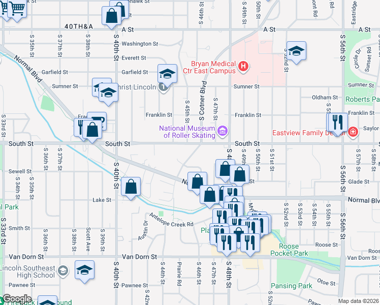 map of restaurants, bars, coffee shops, grocery stores, and more near 2101 South Cotner Boulevard in Lincoln