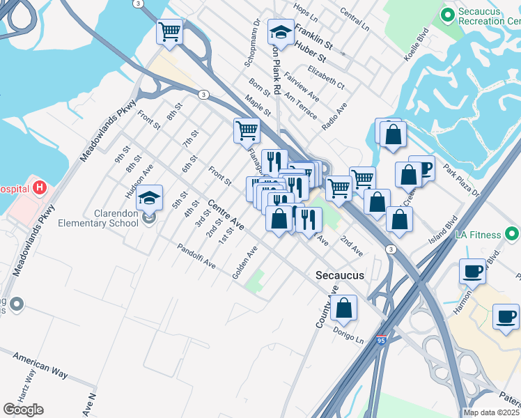 map of restaurants, bars, coffee shops, grocery stores, and more near 163 Front Street in Secaucus