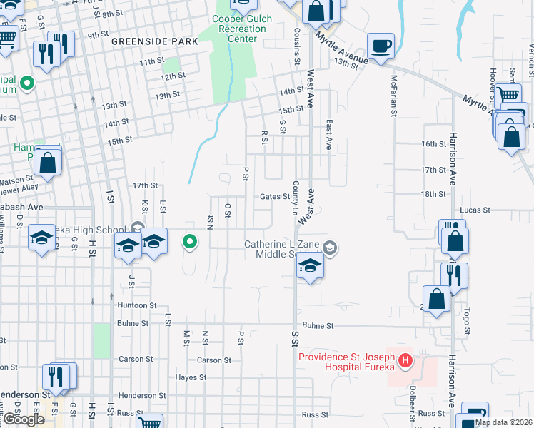 map of restaurants, bars, coffee shops, grocery stores, and more near 1844 Heather Ln in Eureka