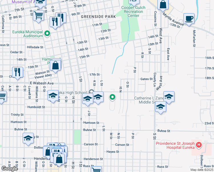 map of restaurants, bars, coffee shops, grocery stores, and more near 1157 Del Norte Street in Eureka
