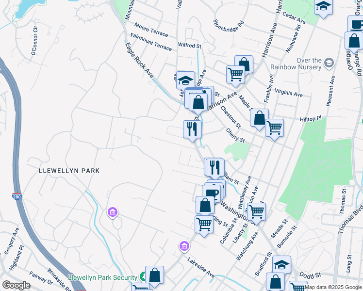 map of restaurants, bars, coffee shops, grocery stores, and more near 34 Park Terrace in West Orange
