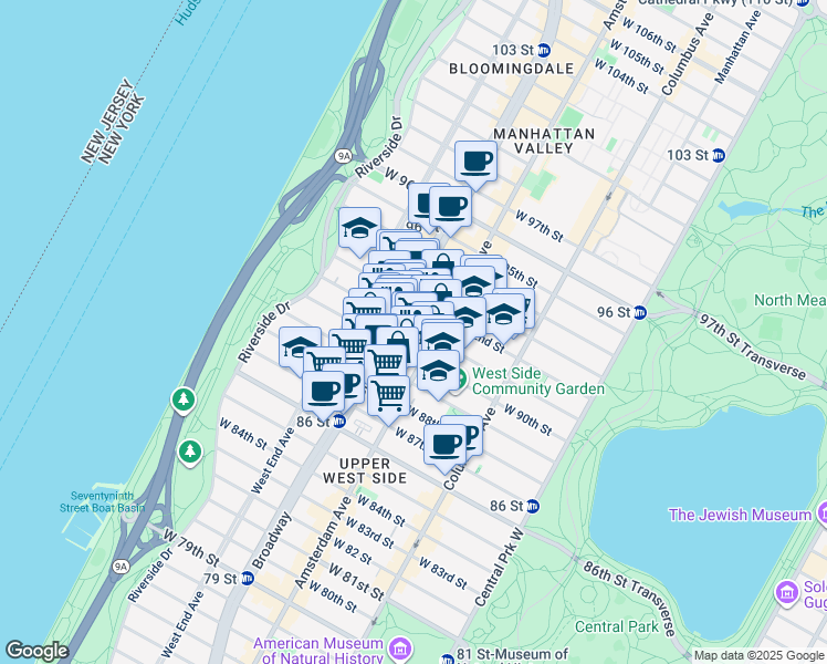 map of restaurants, bars, coffee shops, grocery stores, and more near 2446 Broadway in New York