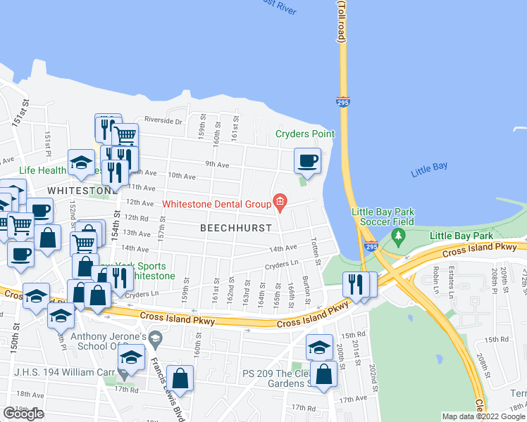 map of restaurants, bars, coffee shops, grocery stores, and more near 162-39 12th Avenue in Queens