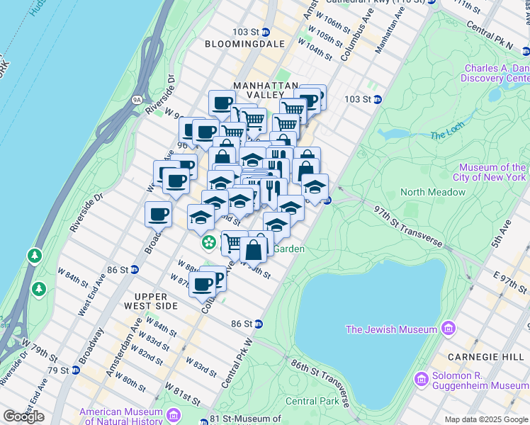 map of restaurants, bars, coffee shops, grocery stores, and more near 689 Columbus Avenue in New York