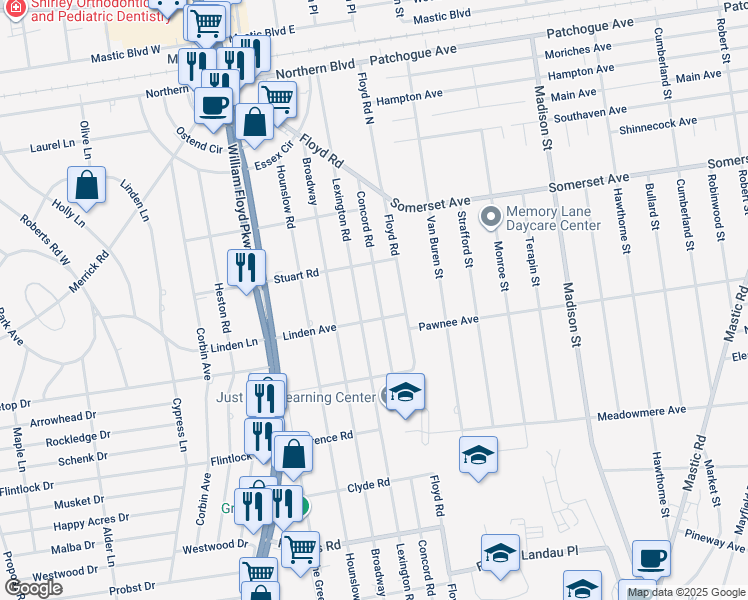 map of restaurants, bars, coffee shops, grocery stores, and more near 54 Concord Road in Shirley