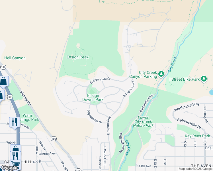 map of restaurants, bars, coffee shops, grocery stores, and more near 195 North Sandrun Road in Salt Lake City