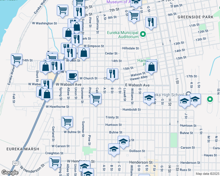 map of restaurants, bars, coffee shops, grocery stores, and more near in Eureka