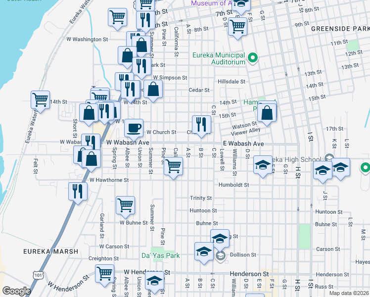 map of restaurants, bars, coffee shops, grocery stores, and more near 1823 California Street in Eureka