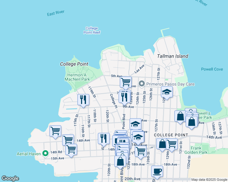 map of restaurants, bars, coffee shops, grocery stores, and more near 121-29 7th Avenue in Queens