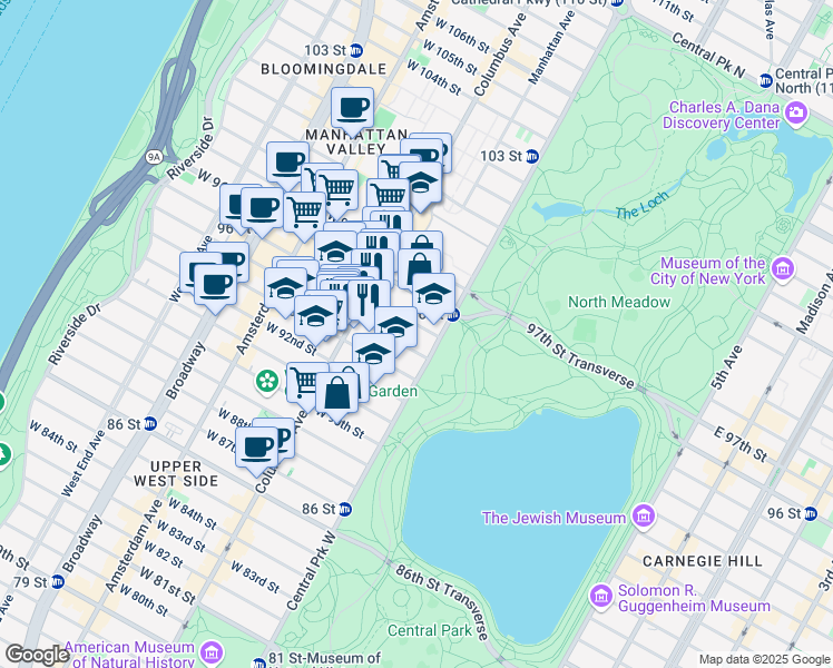 map of restaurants, bars, coffee shops, grocery stores, and more near 31 West 94th Street in New York