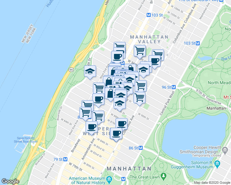 map of restaurants, bars, coffee shops, grocery stores, and more near 166 West 92nd Street in New York