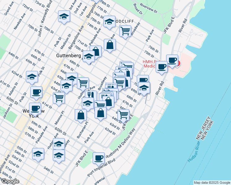 map of restaurants, bars, coffee shops, grocery stores, and more near in West New York