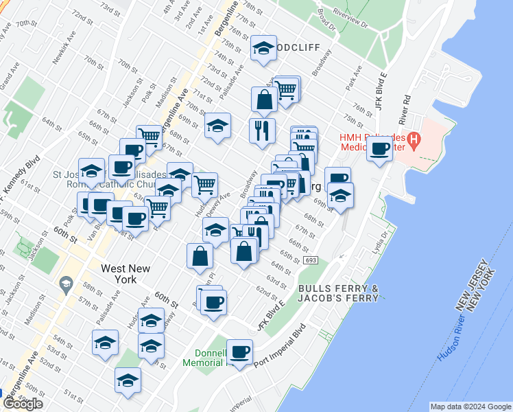 map of restaurants, bars, coffee shops, grocery stores, and more near in West New York