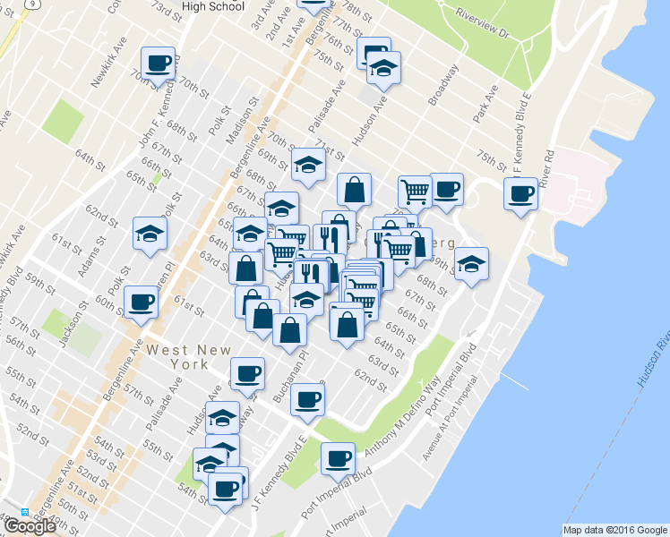 map of restaurants, bars, coffee shops, grocery stores, and more near 6600 Broadway in West New York