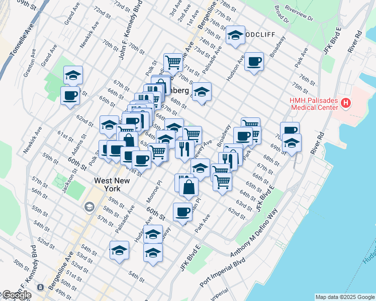 map of restaurants, bars, coffee shops, grocery stores, and more near 308 64th Street in West New York