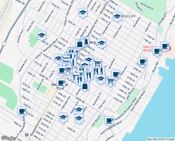 map of restaurants, bars, coffee shops, grocery stores, and more near 6310 Palisade Avenue in West New York