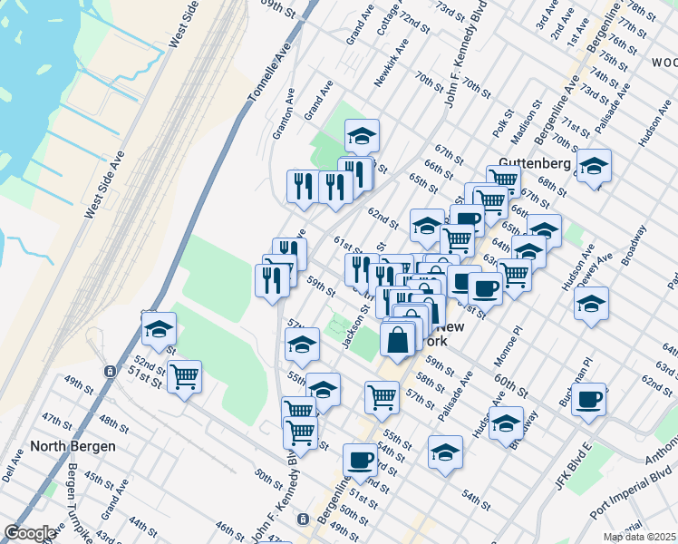 map of restaurants, bars, coffee shops, grocery stores, and more near 620 60th Street in West New York