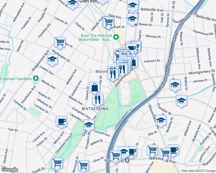 map of restaurants, bars, coffee shops, grocery stores, and more near 28 Henry Street in Bloomfield