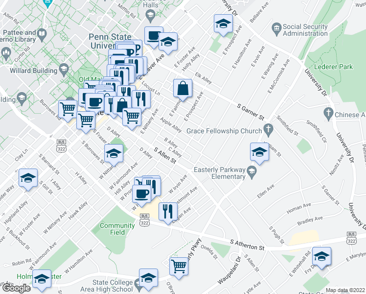 map of restaurants, bars, coffee shops, grocery stores, and more near 708 South Pugh Street in State College