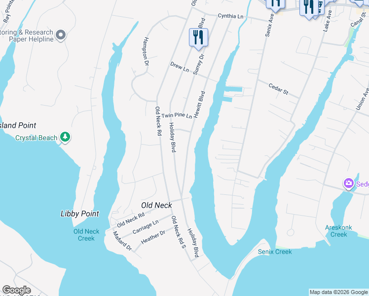 map of restaurants, bars, coffee shops, grocery stores, and more near 102 Hewitt Boulevard in Center Moriches