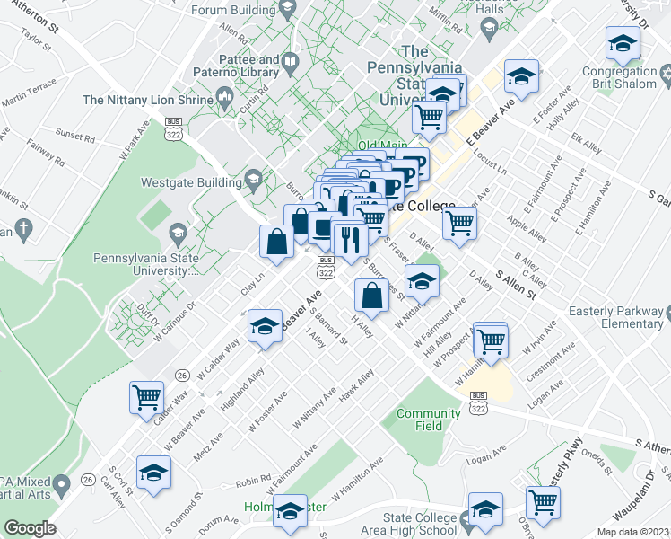 map of restaurants, bars, coffee shops, grocery stores, and more near 321 West Beaver Avenue in State College