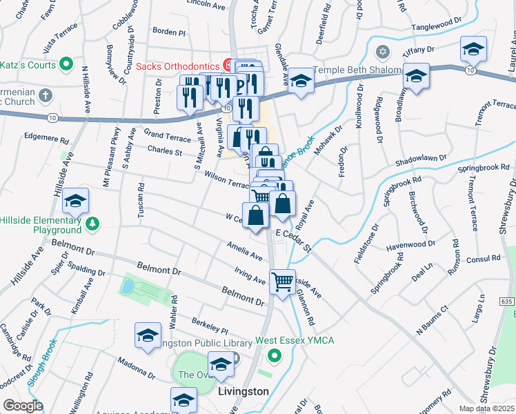 map of restaurants, bars, coffee shops, grocery stores, and more near 154 South Livingston Avenue in Livingston