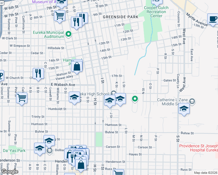 map of restaurants, bars, coffee shops, grocery stores, and more near 1815 I Street in Eureka