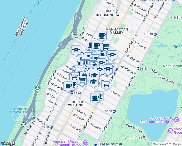 map of restaurants, bars, coffee shops, grocery stores, and more near in New York