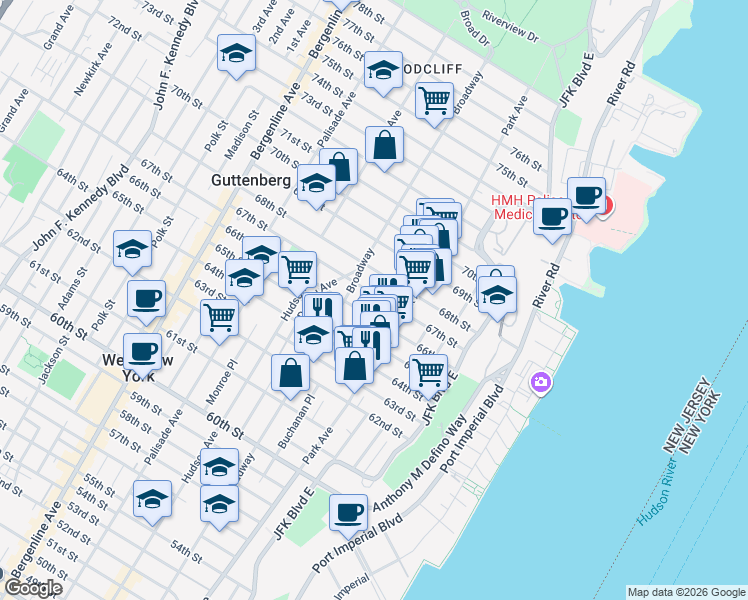 map of restaurants, bars, coffee shops, grocery stores, and more near in West New York