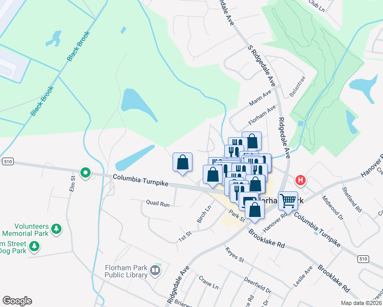 map of restaurants, bars, coffee shops, grocery stores, and more near 54 Park Street in Florham Park