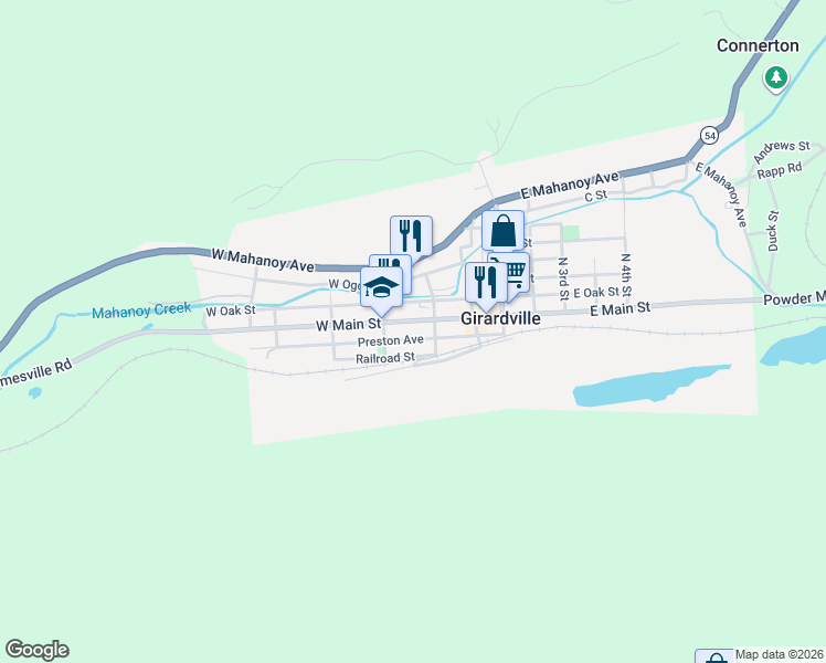 map of restaurants, bars, coffee shops, grocery stores, and more near 126 Preston Avenue in Girardville