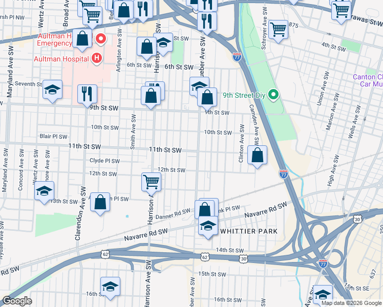 map of restaurants, bars, coffee shops, grocery stores, and more near 1109 Dueber Avenue Southwest in Canton