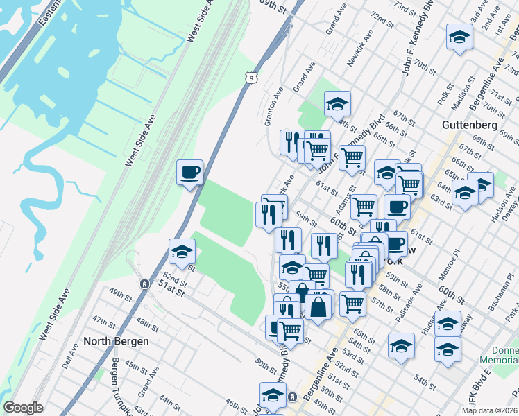 map of restaurants, bars, coffee shops, grocery stores, and more near 5801 Meadowview Avenue in North Bergen