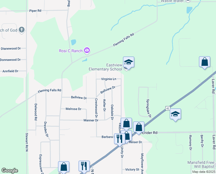 map of restaurants, bars, coffee shops, grocery stores, and more near 1407 Bellview Drive in Mansfield