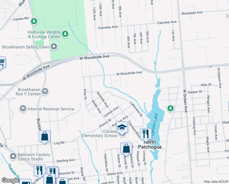 map of restaurants, bars, coffee shops, grocery stores, and more near 196 Traction Boulevard in Patchogue