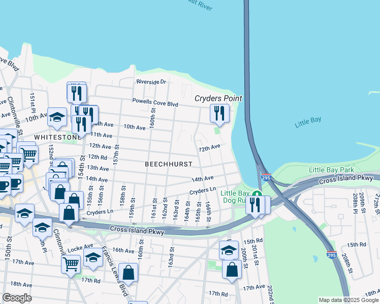 map of restaurants, bars, coffee shops, grocery stores, and more near 162-39 12th Avenue in Queens