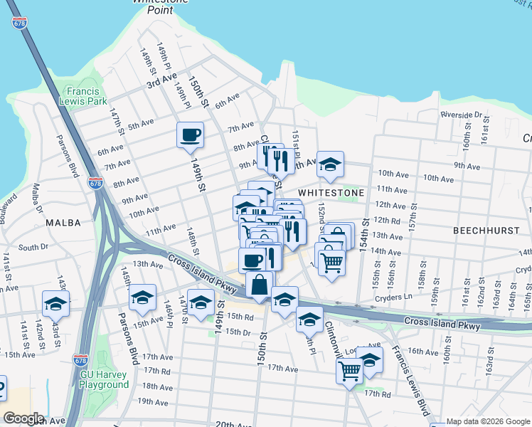 map of restaurants, bars, coffee shops, grocery stores, and more near 150-31 12th Avenue in Queens