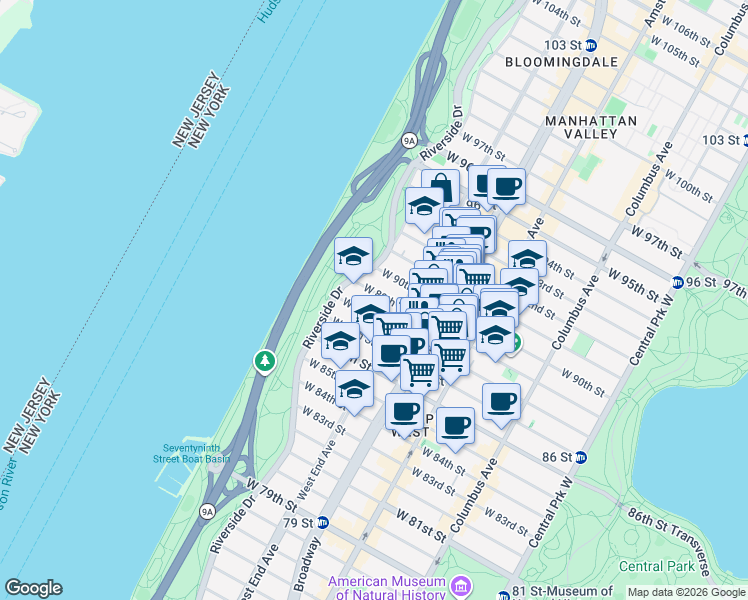 map of restaurants, bars, coffee shops, grocery stores, and more near 304 West 89th Street in New York