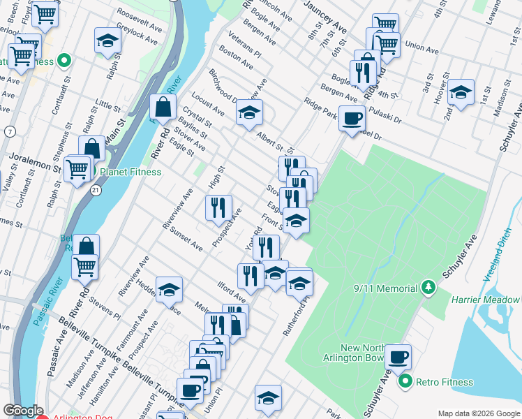 map of restaurants, bars, coffee shops, grocery stores, and more near 55 Arlington Boulevard in North Arlington