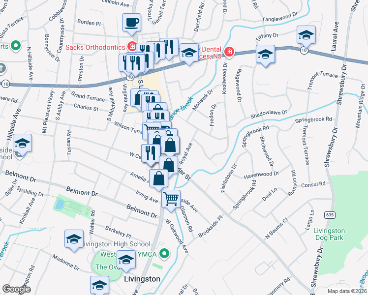 map of restaurants, bars, coffee shops, grocery stores, and more near 17 Royal Avenue in Livingston