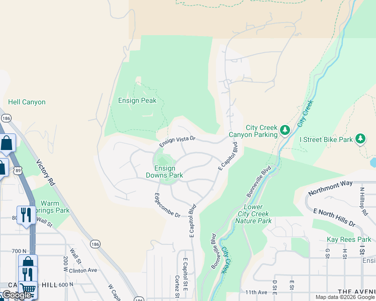 map of restaurants, bars, coffee shops, grocery stores, and more near 195 North Sandrun Road in Salt Lake City