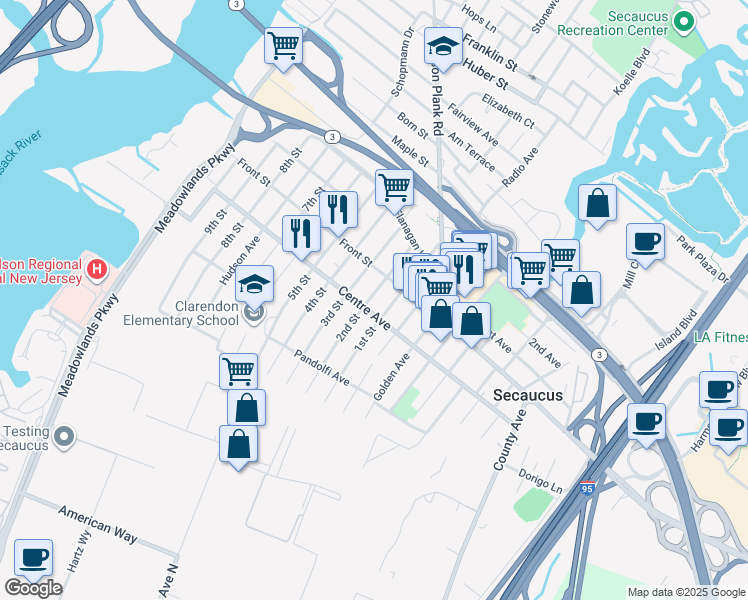 map of restaurants, bars, coffee shops, grocery stores, and more near 758 2nd Street in Secaucus